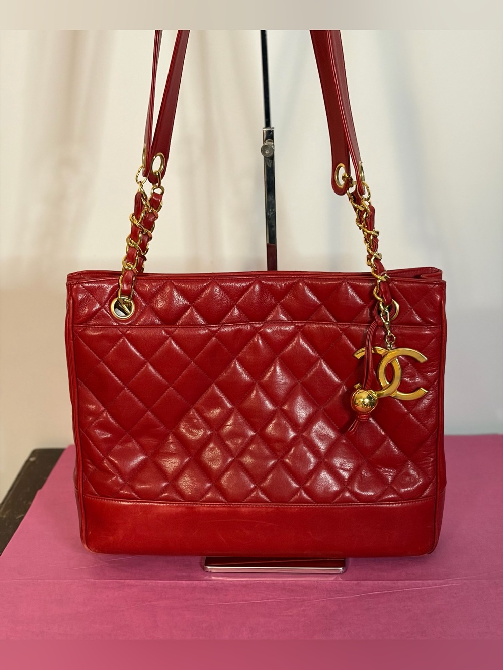 Vintage Chanel, CC Charm Red Shoulder Tote Bag